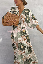 Floral Print V-neck Short Sleeve Waist Loose Full Hem Maxi Dress