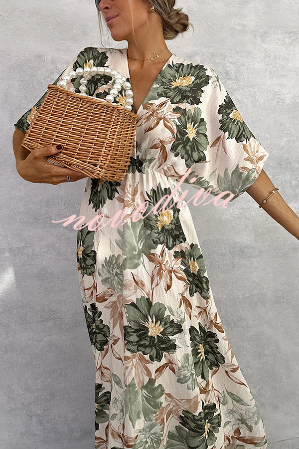 Floral Print V-neck Short Sleeve Waist Loose Full Hem Maxi Dress