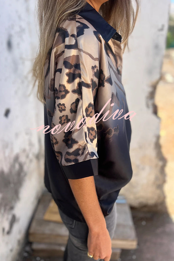 Classic Wild Satin Gradient Leopard Print Loose Short-sleeved Blouse