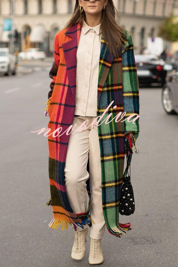 Fashionable Color-block Plaid Print Lapel Long-sleeved Casual Long Coat