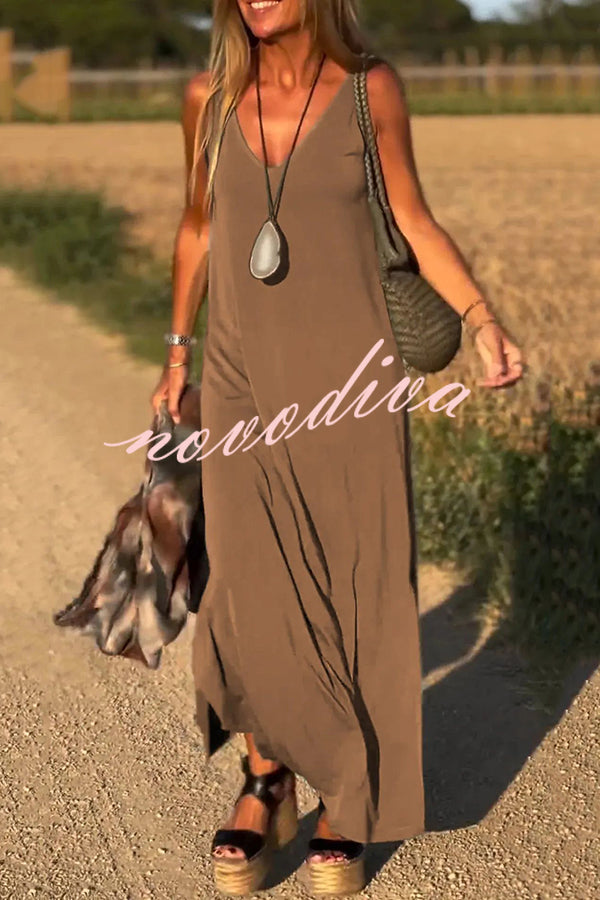 Solid Color V-neck Sleeveless Casual Loose Maxi Dress