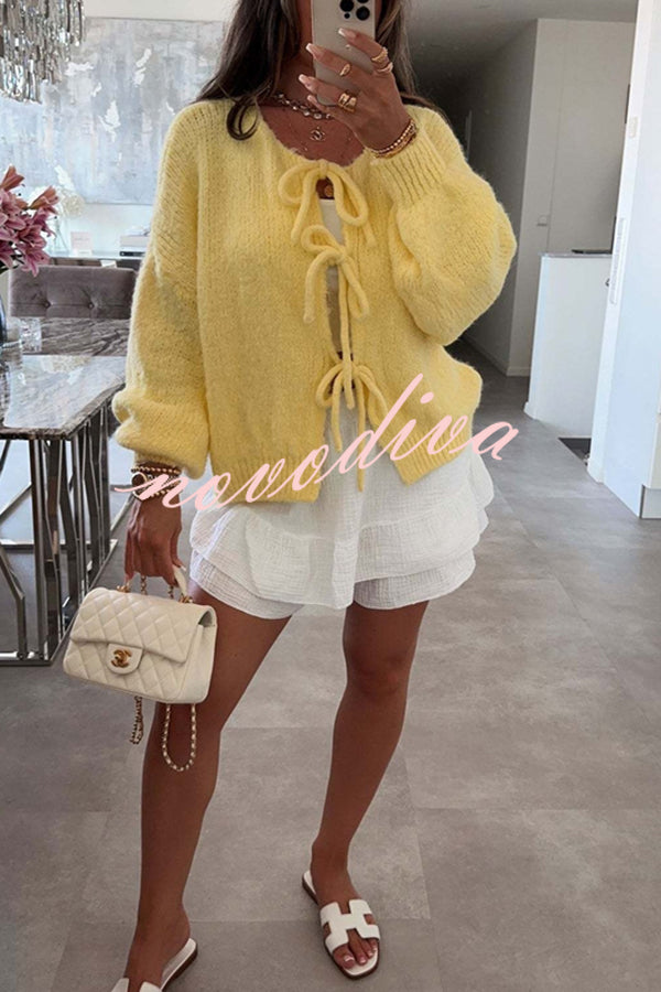 Solid Color Long-sleeved V-neck Lace-up Loose Knitted Sweater