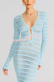 Solid Color Knit Hollow Long Sleeve Vacation Cover Up Maxi Dress