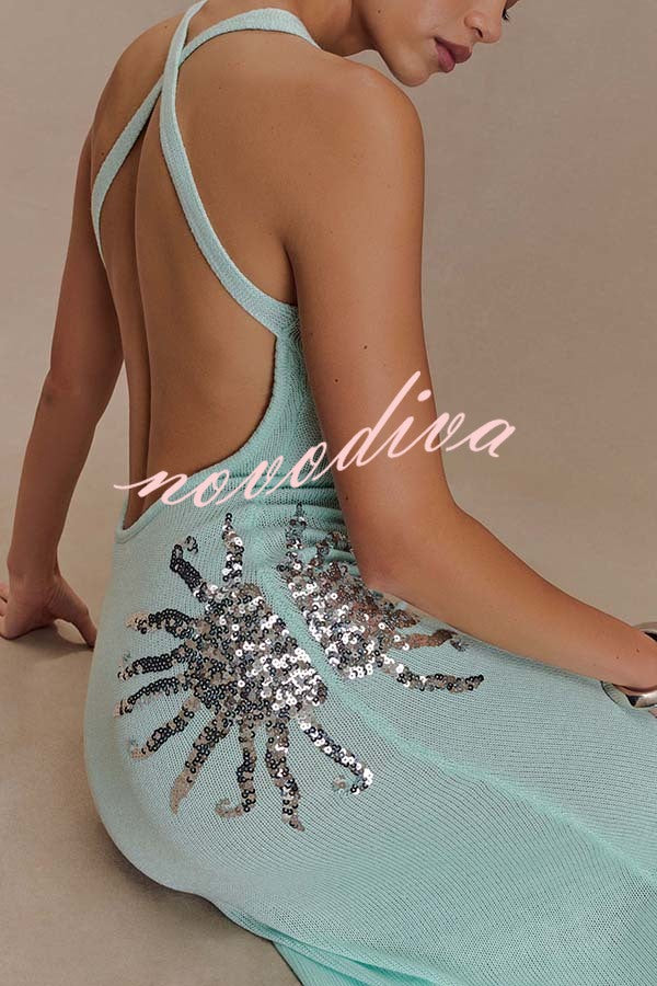 Sparkling Nights Knit Sunburst Sequin Detail Back Cross Straps Stretch Maxi Dress