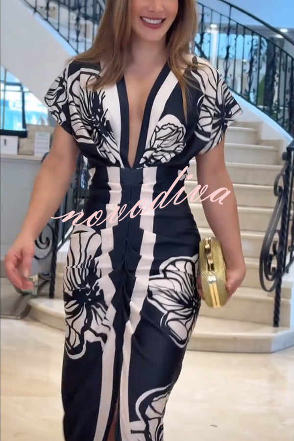 Bella Contrast Color Unique Print Dolman Sleeve Ruched Slit Midi Dress