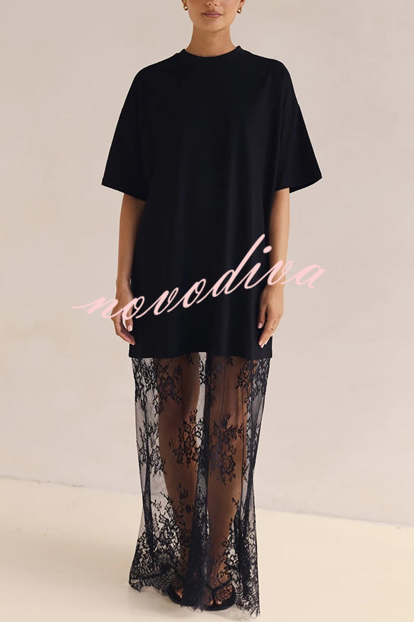 Ophelia Short Sleeve Sheer Floral Lace Hem Oversized T-shirt Maxi Dress