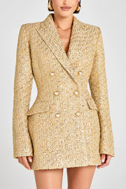 Heels Click Tweed Fabric Pearl Button Long Sleeve Lapel Blazer Mini Dress