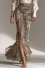 Stylish Off-shoulder Long-sleeved Casual Shirt and Elegant Striped Printed Slit Maxi Skirt Set