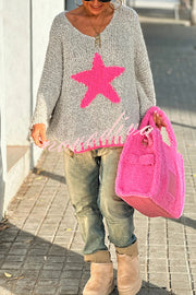 Warm Winter Day Texture Knit Star Pattern Contrast Color Loose Sweater