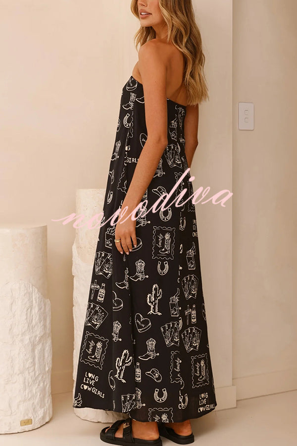 Unique Print Strapless Open Back Full Hem Maxi Dress