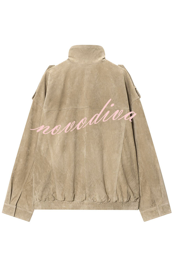 Fashionable Suede Loose Pocket Leather Jacket