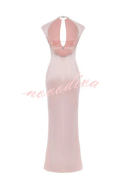 Cheongsam Chic Satin Sparkly Trim Cutouts Backless Maxi Dress