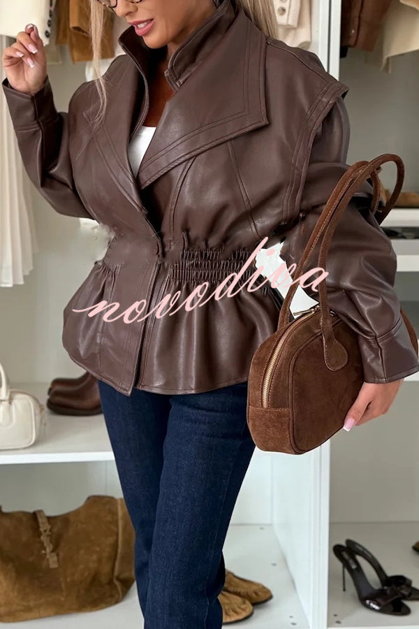 Play It Cool Faux Leather Single Button Elastic Waist Lapel Moto Jacket