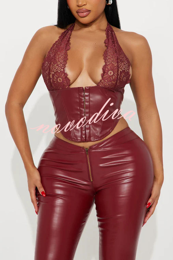 Style Challenge Stretch Faux Leather Lace Halter Tank and Zipper Waist Flare Pants Set