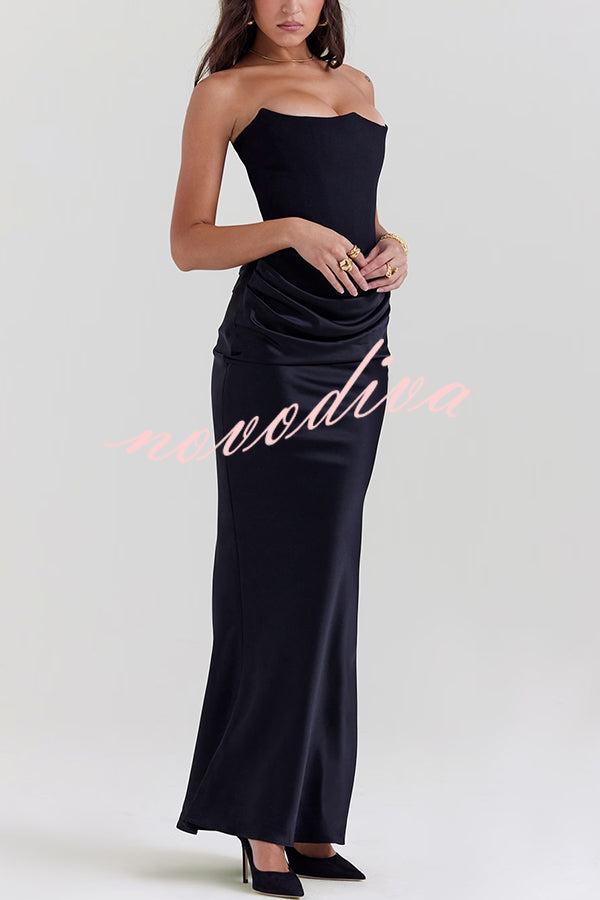 Persephone Crepe and Satin Patchwork Off Shoulder Ruched Maxi Dress