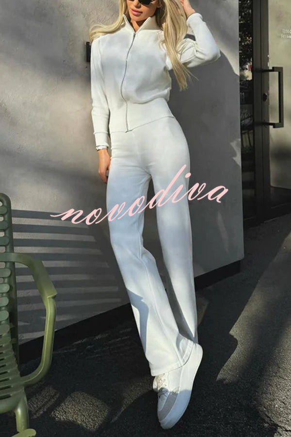 Cozycore Knit Zipper Long Sleeve Cardigan and Stretch Wide Leg Pants Set