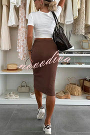 Perfect Basics Ribbed Knit Elastic Waistband Stretch Midi Skirt