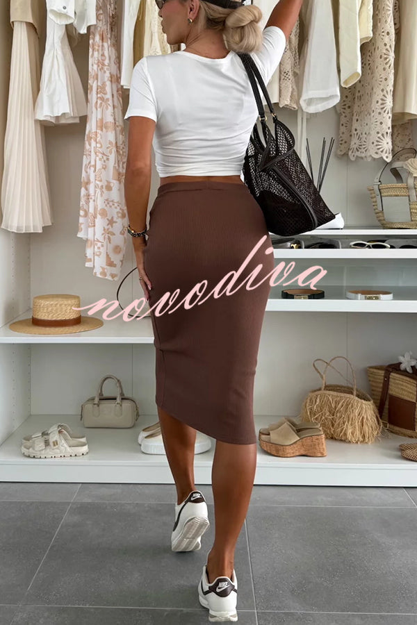 Perfect Basics Ribbed Knit Elastic Waistband Stretch Midi Skirt