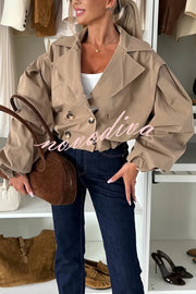 Fashion Style Button Long Balloon Sleeve Pocket Lapel Casual Bomber Jacket