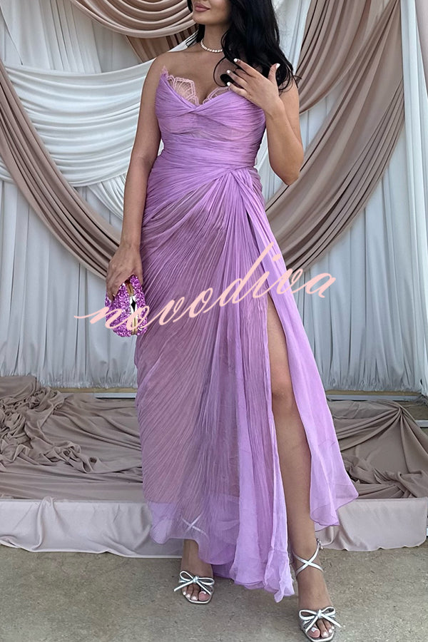 Julie Tulle Lace Trim Off Shoulder Ruched Back Lace-up Drape Slit Maxi Dress