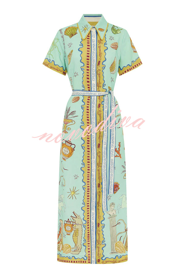 Deep Sea Dreaming Linen Blend Unique Print Short Sleeve Tie-up Shirt Maxi Dress