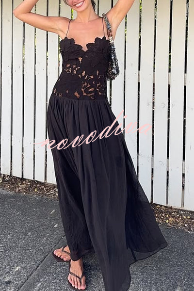 Stephanie Flower Crochet Lace Bust Chiffon Fluffy Hem Maxi Dress