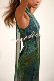 Monet Garden Art Print Turtleneck Cutout Backless Scarf Maxi Dress