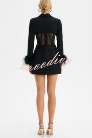GIA Lace Corset Waist Feather Sleeve Structured Lapel Blazer Mini Dress