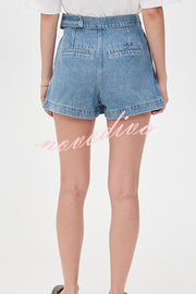 Fall for That Denim Faux Wrap Buckle Tie Pocketed Mini Shorts