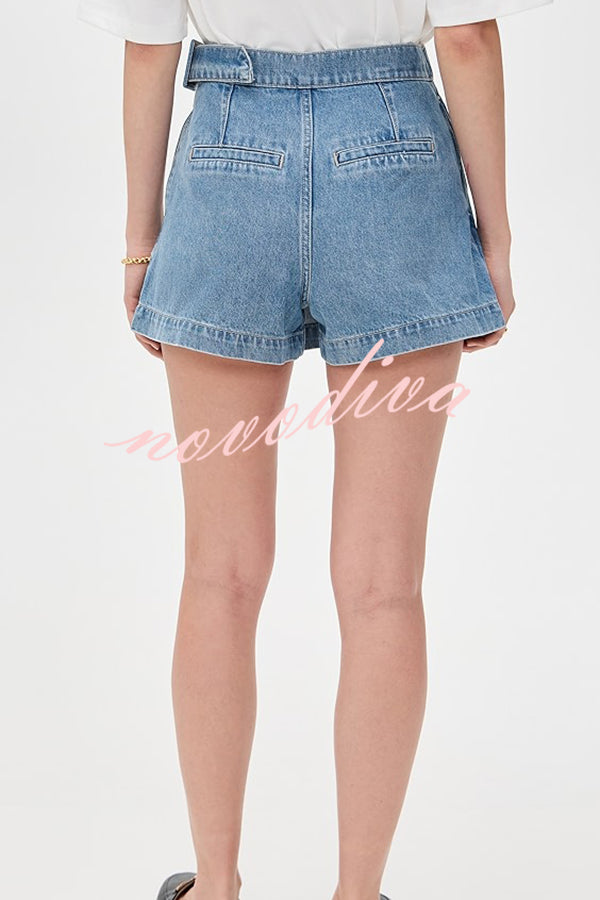 Fall for That Denim Faux Wrap Buckle Tie Pocketed Mini Shorts