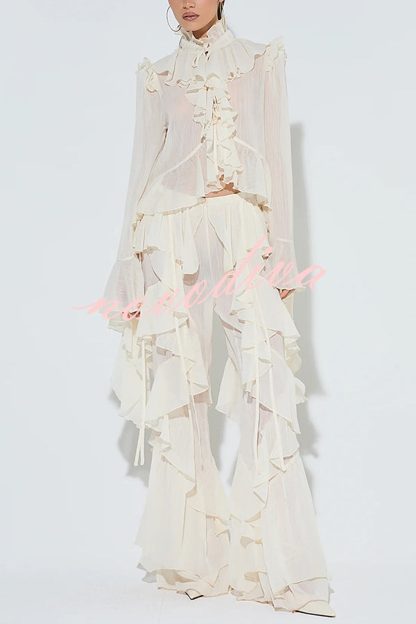 Fashionable Ruffled Elastic Waist Holiday Style Flared Pants