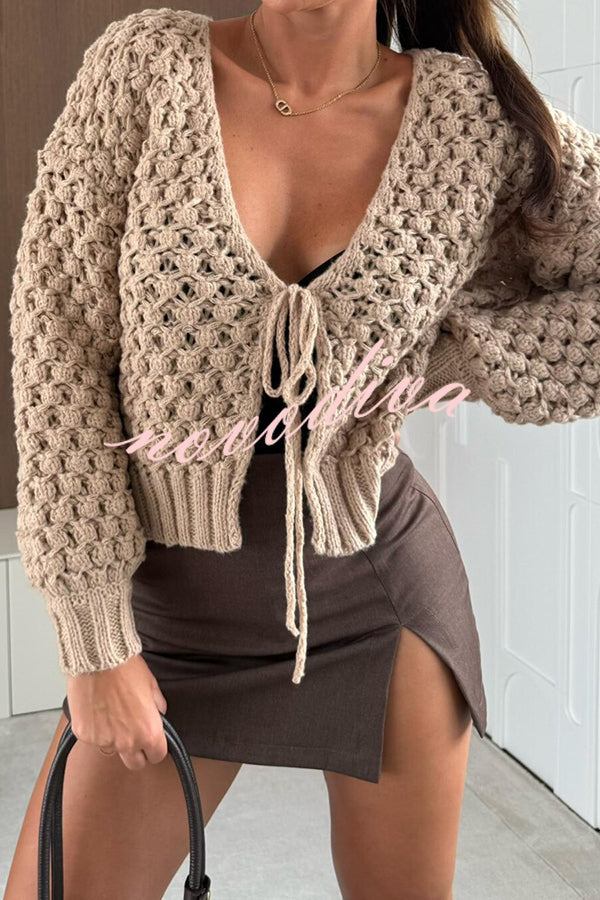 Marin Knit Hollow Texture Tie-up Neck Balloon Sleeve Relaxed Cardigan