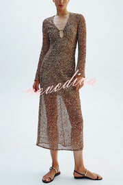 Fashion Sequined Hollow V-neck Long-sleeved Holiday Midi Dress