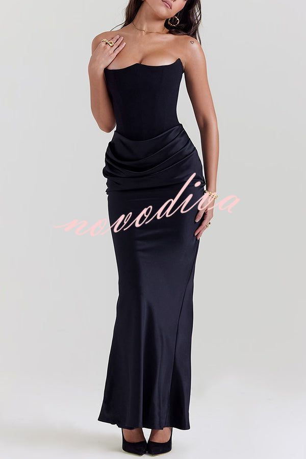 Attend The Gala Strapless Corset Satin Ruched Hip Drape Maxi Dress
