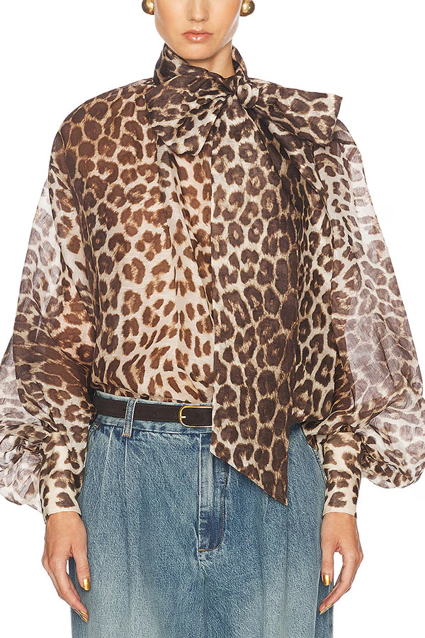 Arianne Chiffon Leopard Print Bow Neck Long Balloon Sleeve Loose Blouse