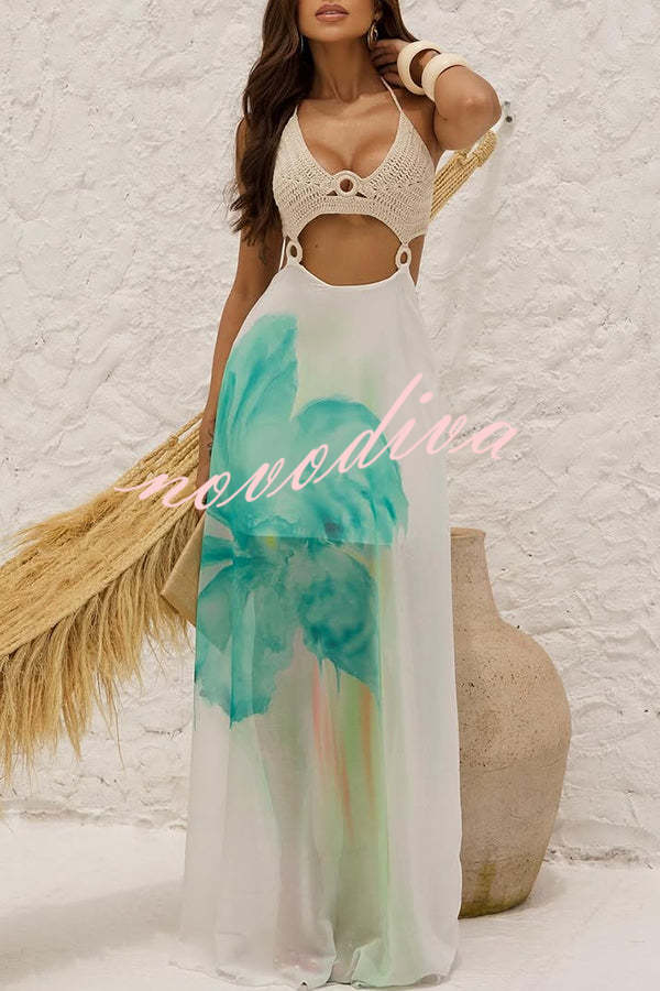 Lily Crochet Knit Bust Ring Floral Print Tulle Hem Maxi Dress