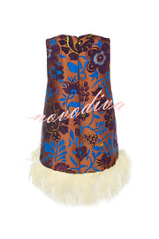 Emina Floral Feather Trim Trapezoidal Silhouette Asymmetrical Hem Top