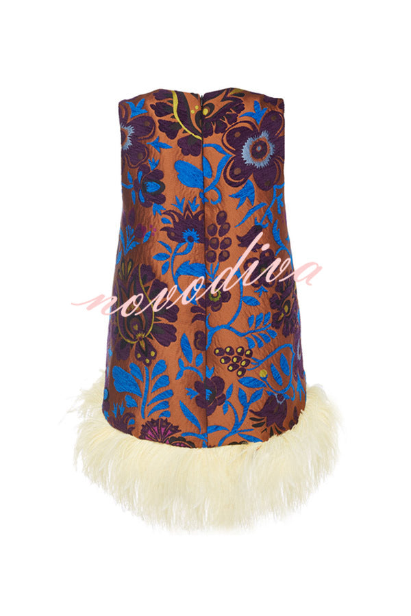 Emina Floral Feather Trim Trapezoidal Silhouette Asymmetrical Hem Top