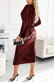 Coralia Sequin V-neck Long Sleeve Twist Waist Front Slit Midi Dress