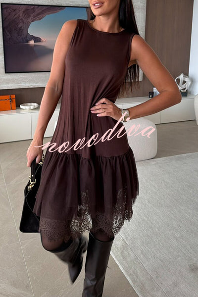 Upper East Chic Tulle Lace Tiered Hem Stretch Tank Midi Dress