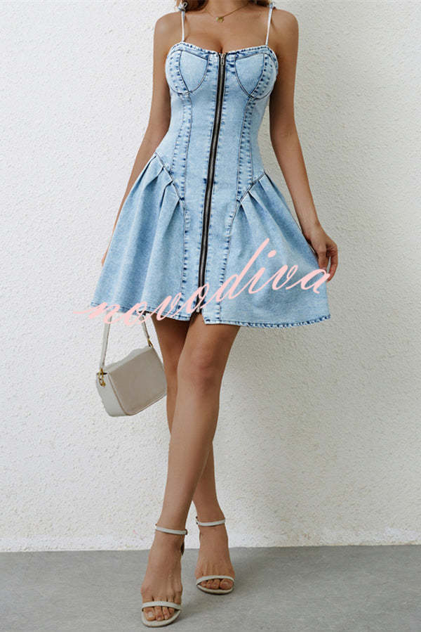 Fashionable Patchwork Suspender Zipper Slim Denim Mini Dress