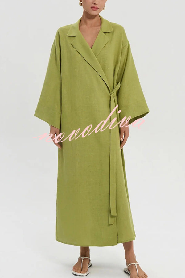 Linen Blend Solid Color Casual Lapel Tie Loose Maxi Dress