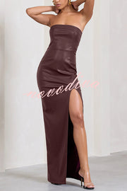 Sexy Meaning Faux Leather Strapless Bandeau Split Maxi Dress