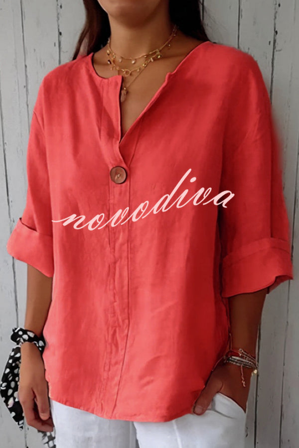 Solid Color Casual Button V-neck Loose Top