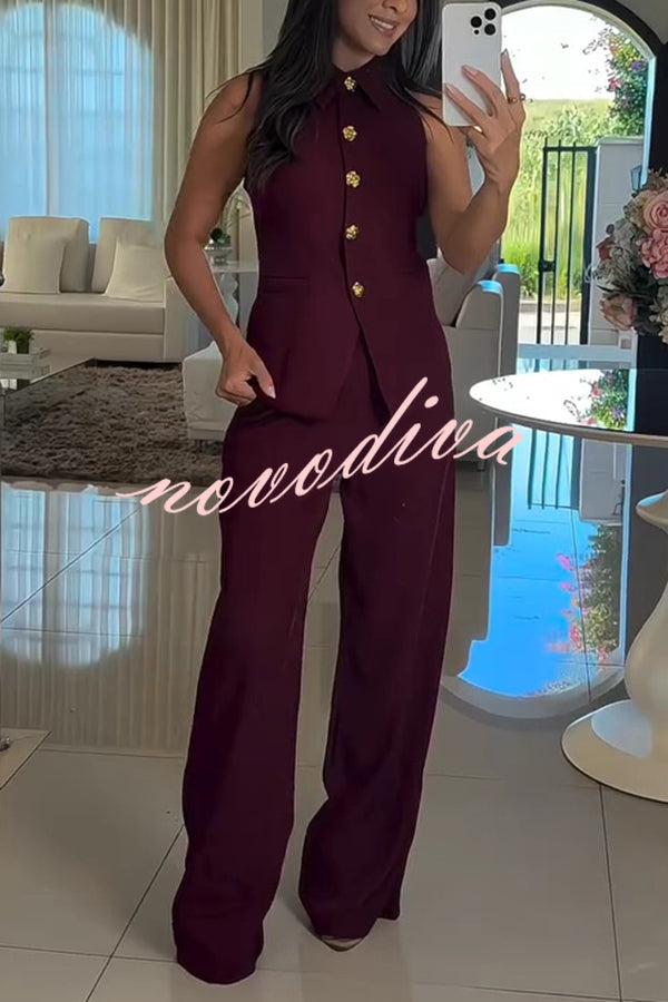 Fashion Lapel Sleeveless Button Vest and Casual Straight-leg Suit Pants Set