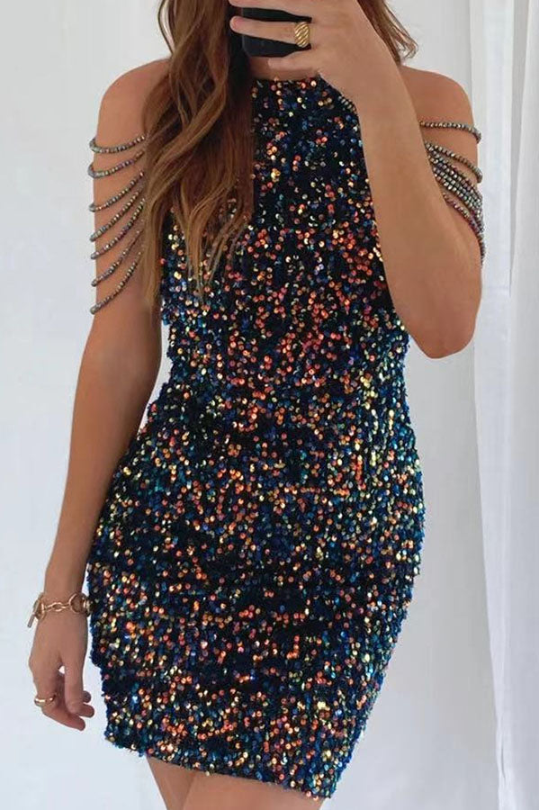 Looking At The Glamorous View Sequin Tassel Shoulder Cocktail Mini Dress