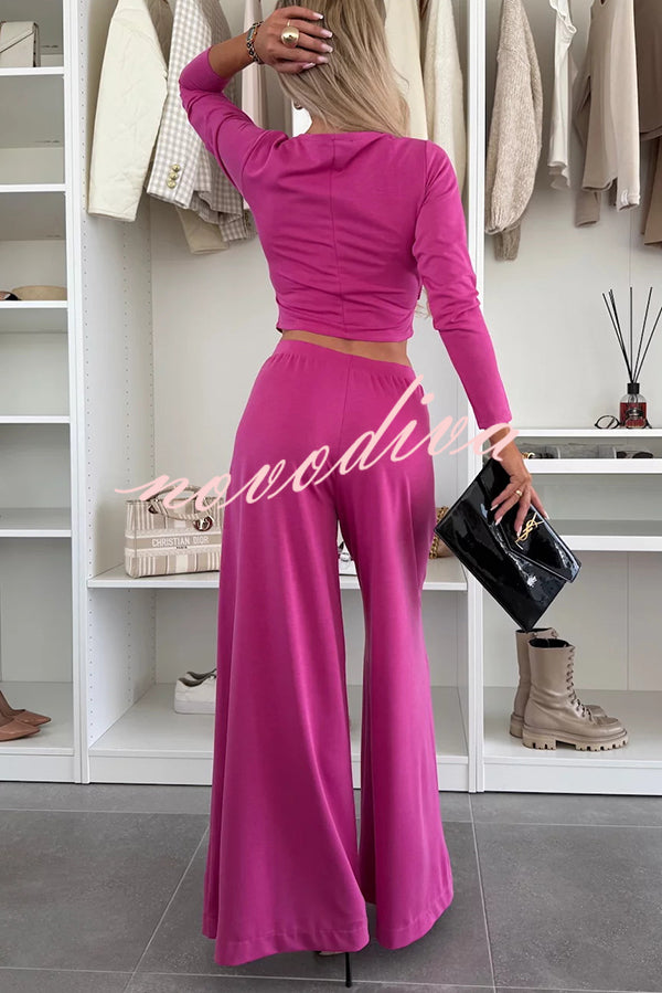 Solid Color Round Neck Long Sleeve Twist Crop Top and Elastic Waist Pocket Wide Leg Pants Set