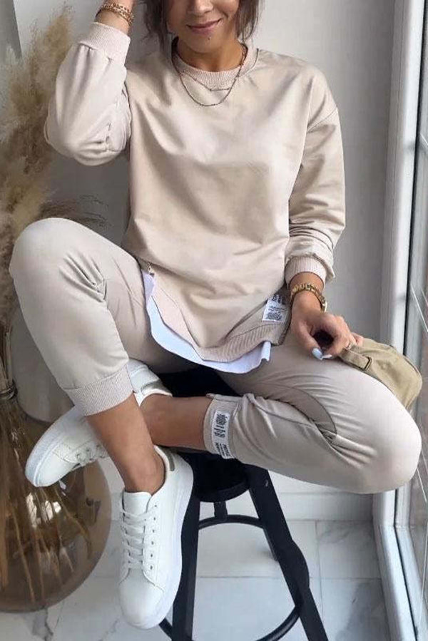 Solid Color Round Neck Long-sleeved Sweatshirt and Elastic Waist Pants Set