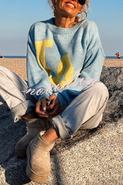 Letter Pattern Crew Neck Long Sleeve Loose Knit Sweater