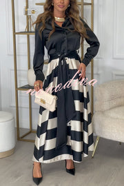 Lindsey Satin Colorblock Contrast Long Sleeve Belted Shirt Maxi Dress